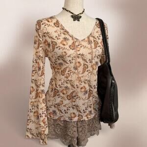 Vintage Y2k Zoey Beth Boho Paisley Flare Sleeve Sheer Blouse